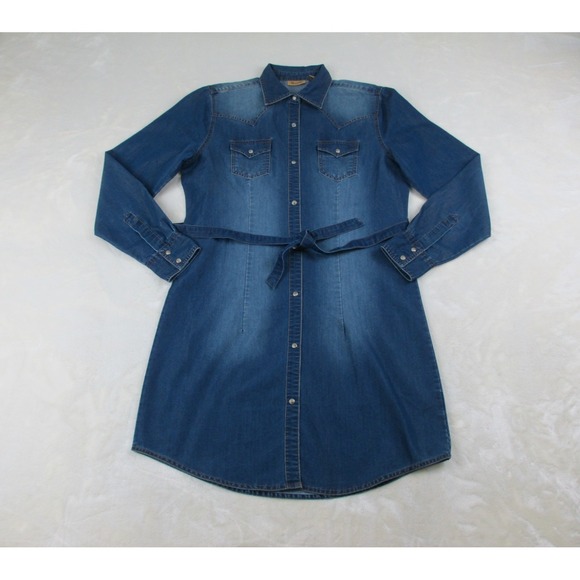 Wrangler Dress Womens Medium Blue Long Sleeve Pearl Snap Western Retro Belted* - Picture 1 of 13
